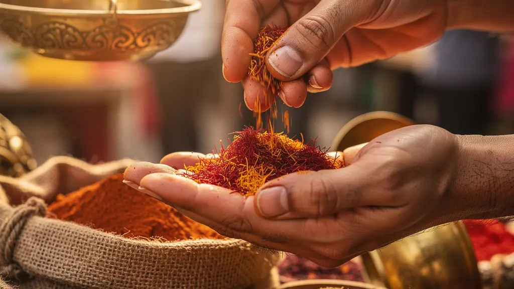 Gros plan sur des mains échangeant des épices colorées au marché, avec une balance traditionnelle en arrière-plan