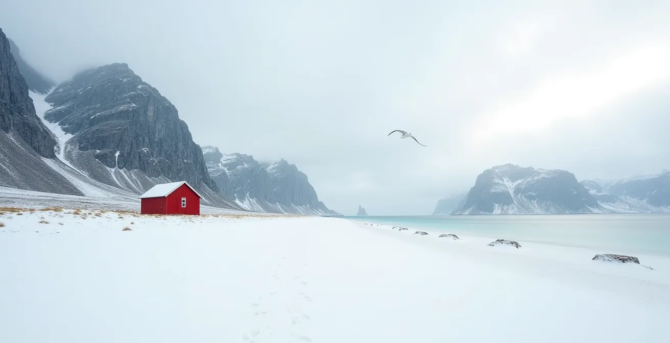 Dramatic empty beach in Norway's Lofoten Islands under midnight sun with mountains