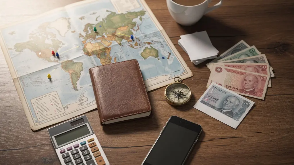 Vue aérienne d'un bureau avec carte du monde, carnet de voyage, calculatrice et passeport organisés de manière esthétique