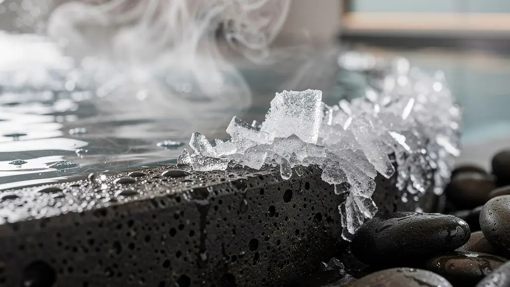 Circuit thermal avec bassins d'eau chaude et froide, vapeur visible et architecture zen