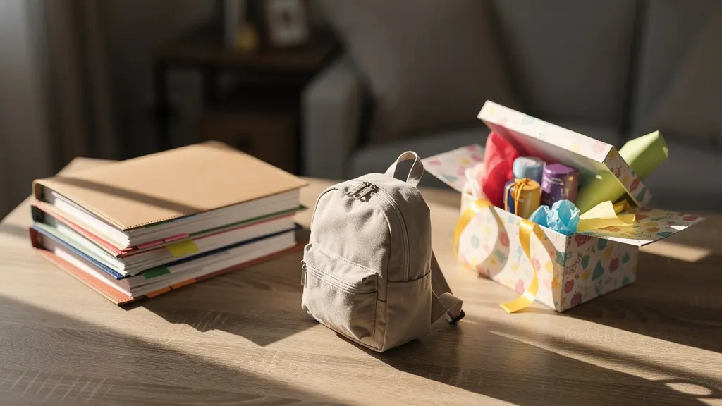 Bureau organisé avec dossiers préparés et boîte cadeau pour enfants