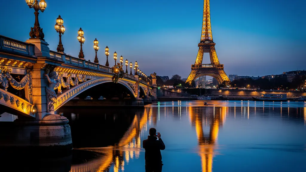 Le Pont Alexandre III illuminé avec la Tour Eiffel scintillante en arrière-plan lors de l'heure bleue