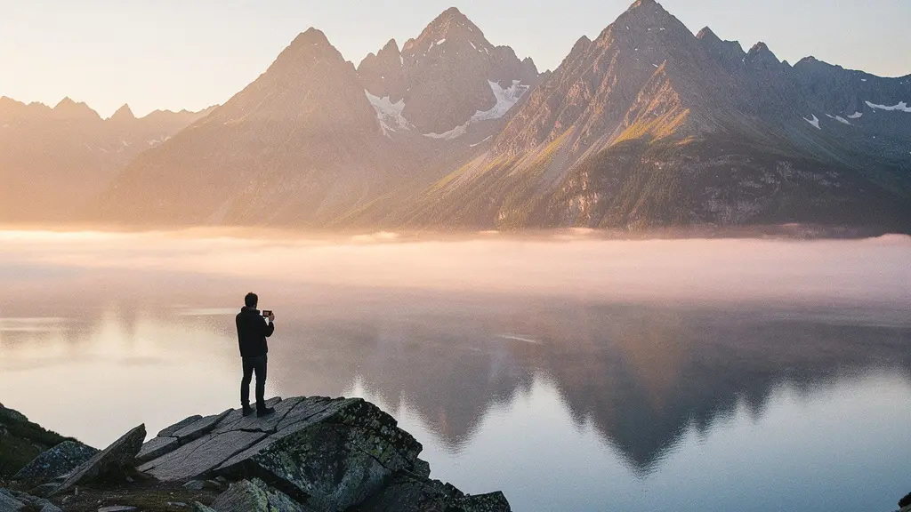 Photographe silhouetté contemplant un paysage montagneux majestueux au lever du soleil avec reflets dorés sur un lac alpin