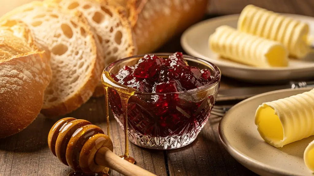 Table de petit-déjeuner avec produits locaux dans une salle à manger rustique