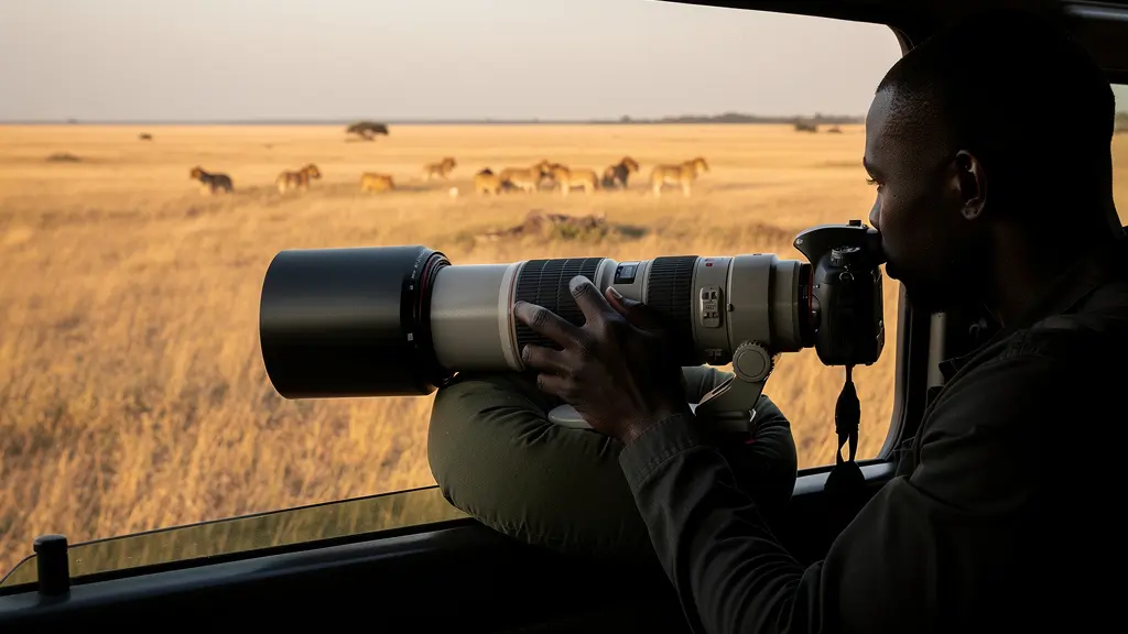 Photographe utilisant un téléobjectif 400mm avec bean bag sur véhicule de safari
