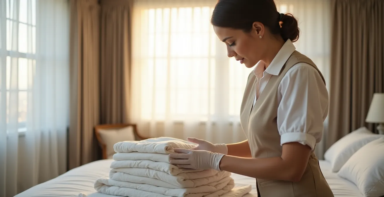 Professional housekeeper preparing luxury apartment with careful attention to guest privacy