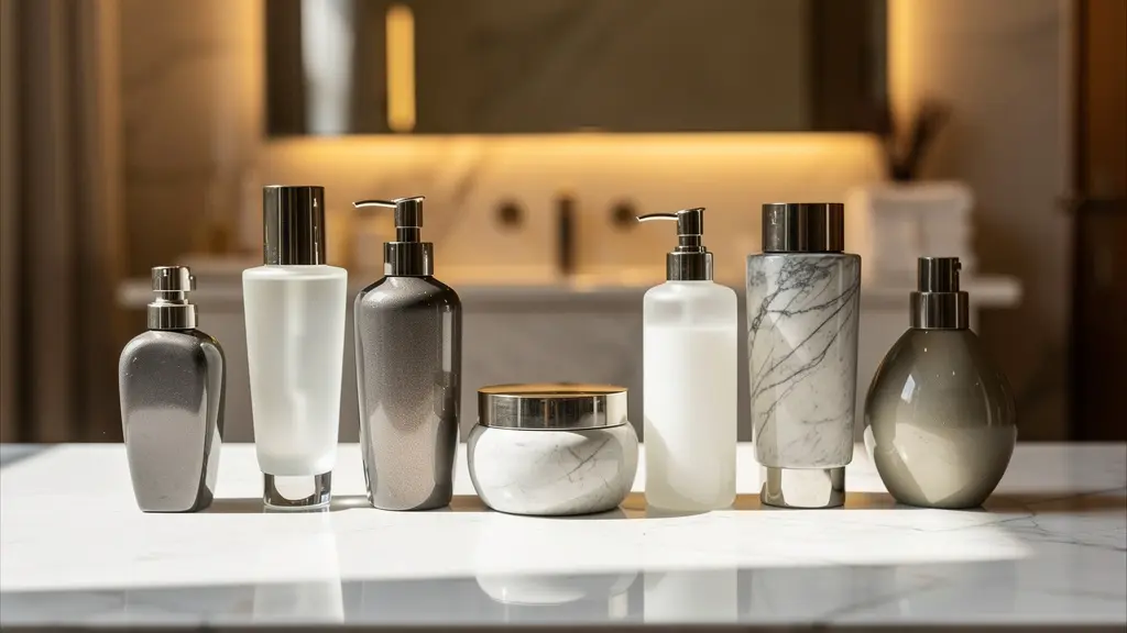 Collection de produits de bain de luxe disposés élégamment dans une salle de bain d'hôtel