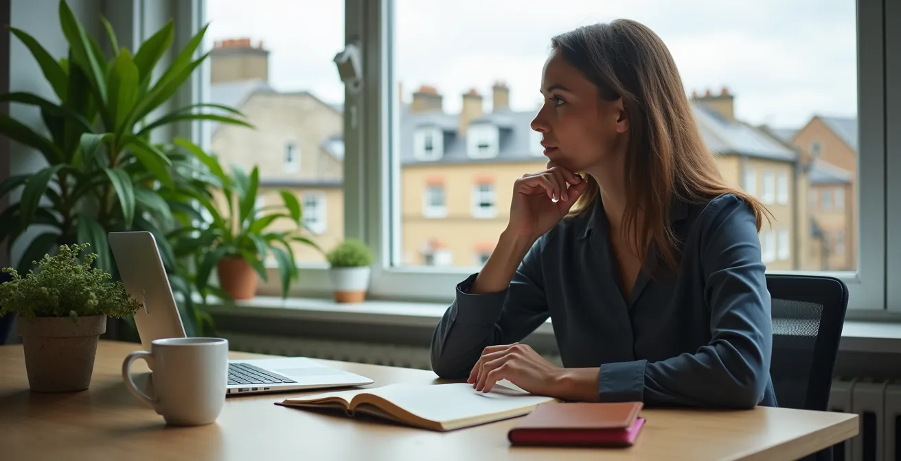 Professional maintaining digital boundaries in modern UK office setting