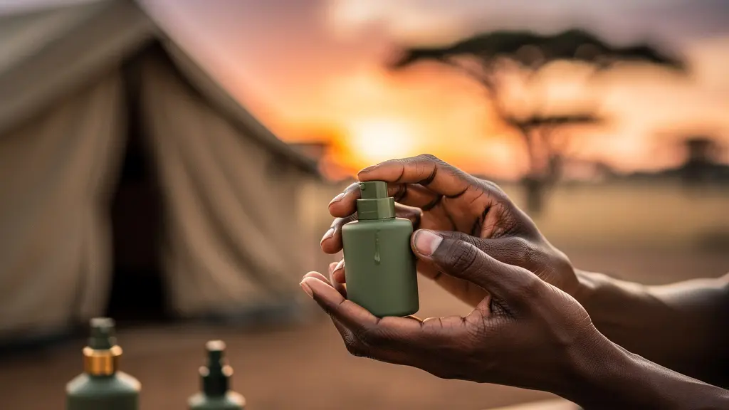 Voyageur appliquant un répulsif biodégradable dans un camp de brousse au coucher du soleil