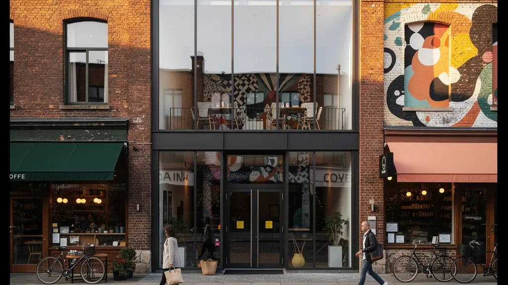 Façade de boutique-hôtel intégrée dans un quartier urbain avec street art, cafés locaux et architecture industrielle rénovée