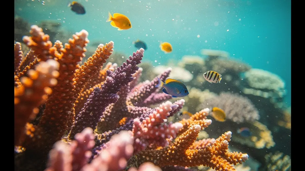 Récif corallien vibrant sous l'eau cristalline avec poissons tropicaux colorés