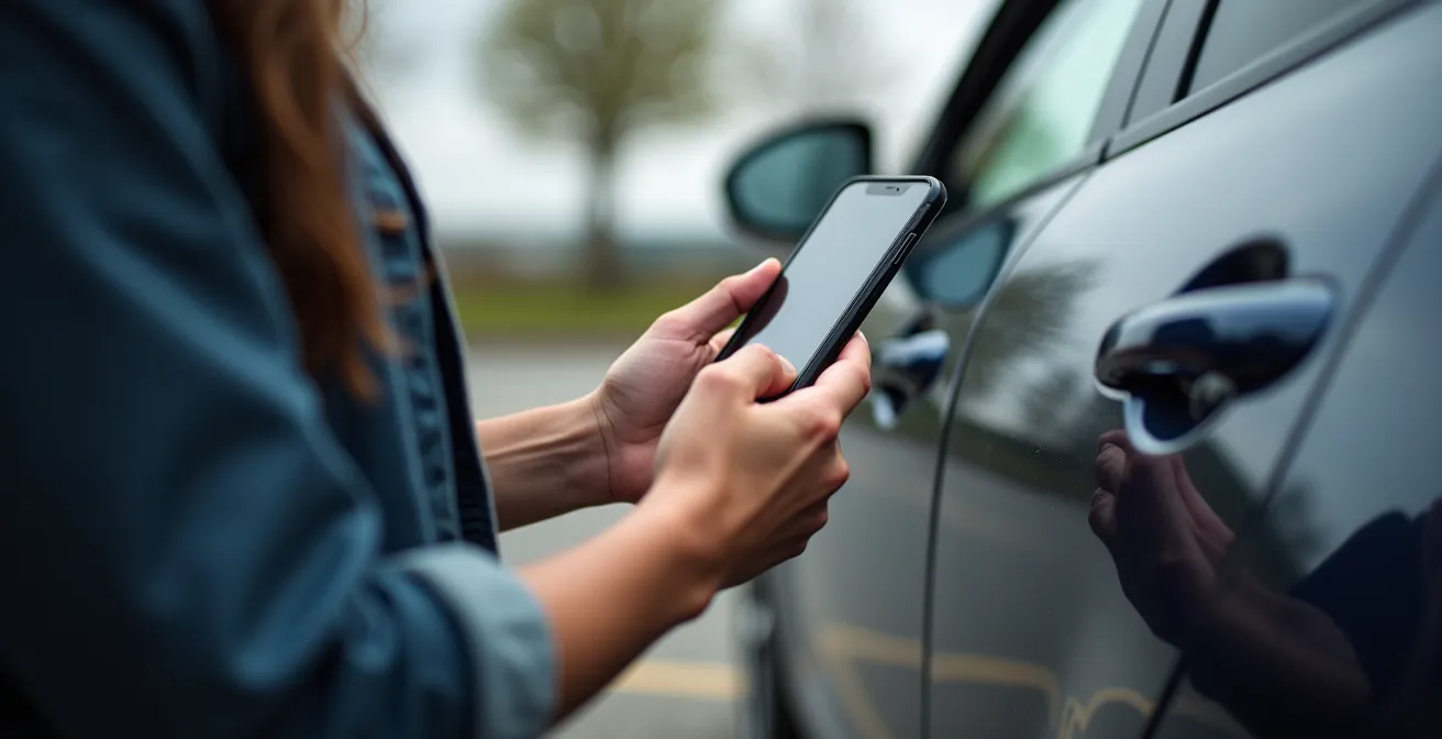 Professional documenting rental car condition with smartphone