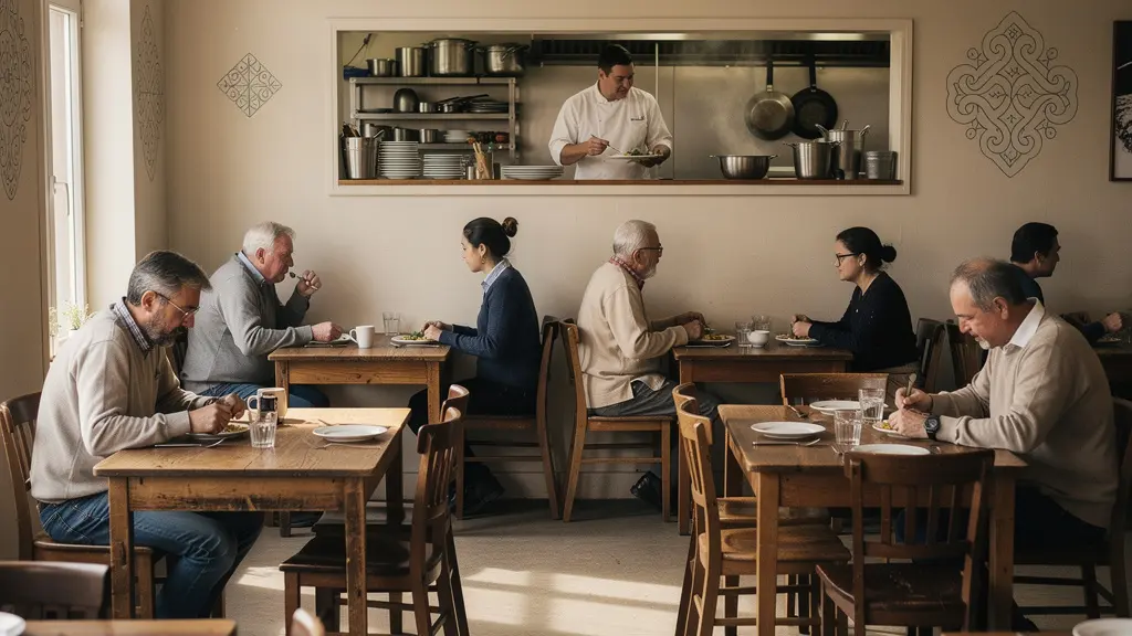 Intérieur d'un petit restaurant familial avec habitants locaux