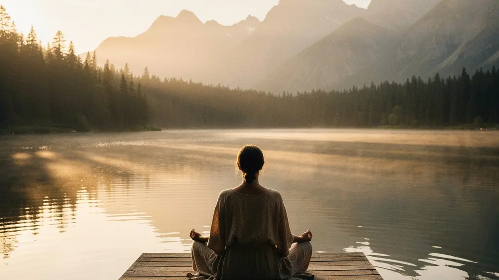 Personne méditant en position lotus face à un paysage montagneux au lever du soleil, avec un lac calme reflétant la lumière dorée