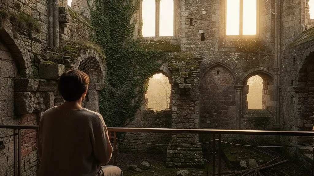 Ruines d'un château médiéval avec des dispositifs de sécurisation discrets comme des filets de protection, illustrant l'équilibre entre préservation et sécurité du visiteur.