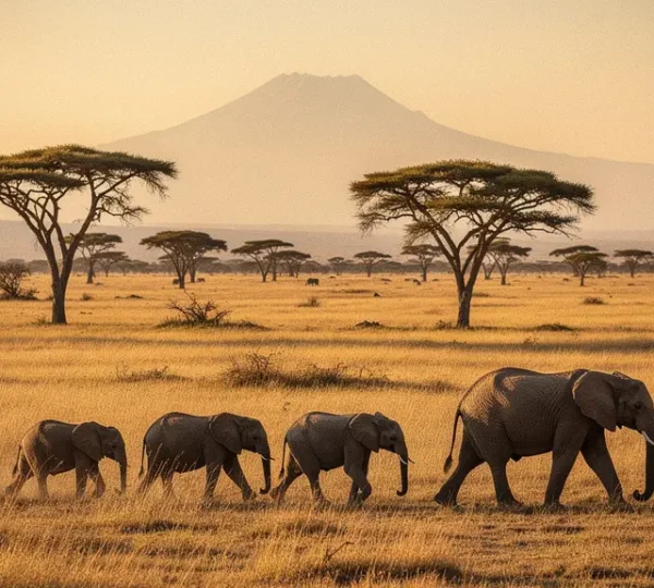 Troupeau d'éléphants traversant la savane kényane au coucher du soleil avec acacias et Mont Kenya en arrière-plan