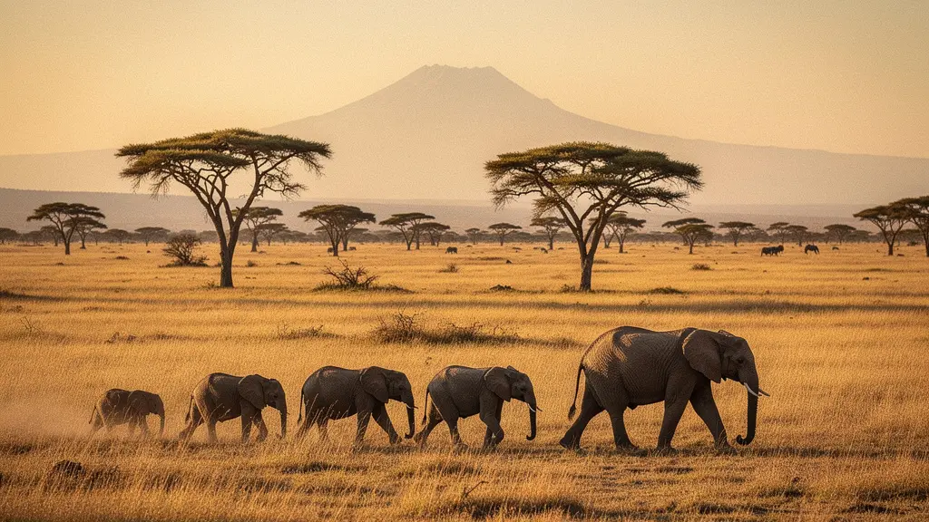 Troupeau d'éléphants traversant la savane kényane au coucher du soleil avec acacias et Mont Kenya en arrière-plan