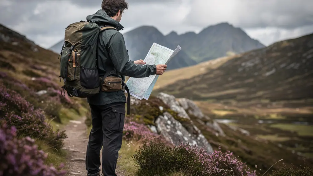 Hiker consulting map on Highland trail with mountain vista