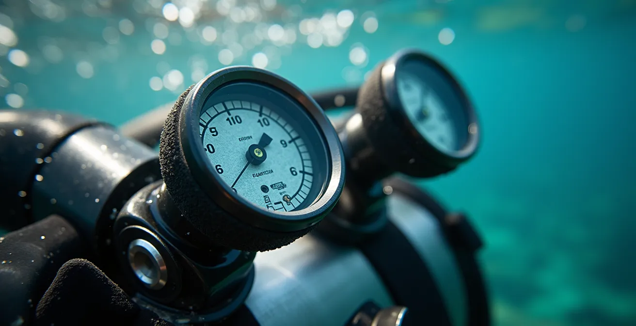 Underwater macro shot of scuba diving equipment details in crystal clear British coastal waters