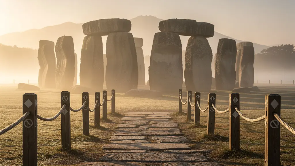 Vue atmosphérique d'un site UNESCO protégé avec barrières naturelles indiquant une zone restreinte