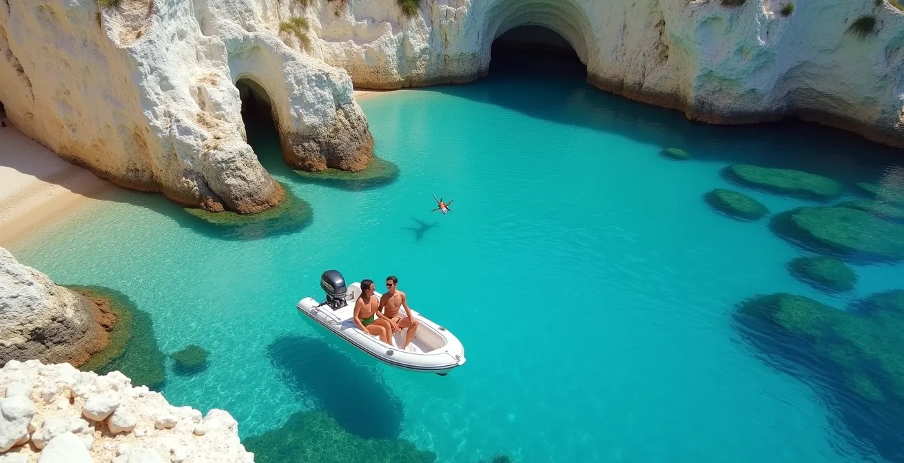 Small motorboat anchored in secluded Greek island cove with crystal clear water