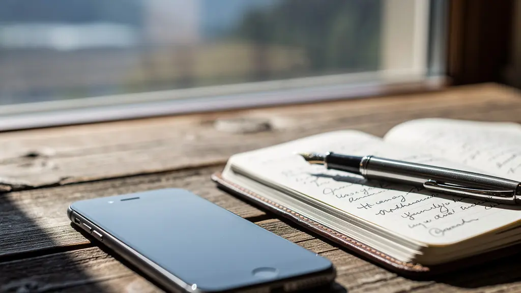 Smartphone éteint posé face cachée sur une table en bois rustique à côté d'un carnet de voyage ouvert et d'un stylo plume, avec une fenêtre floue montrant un paysage naturel