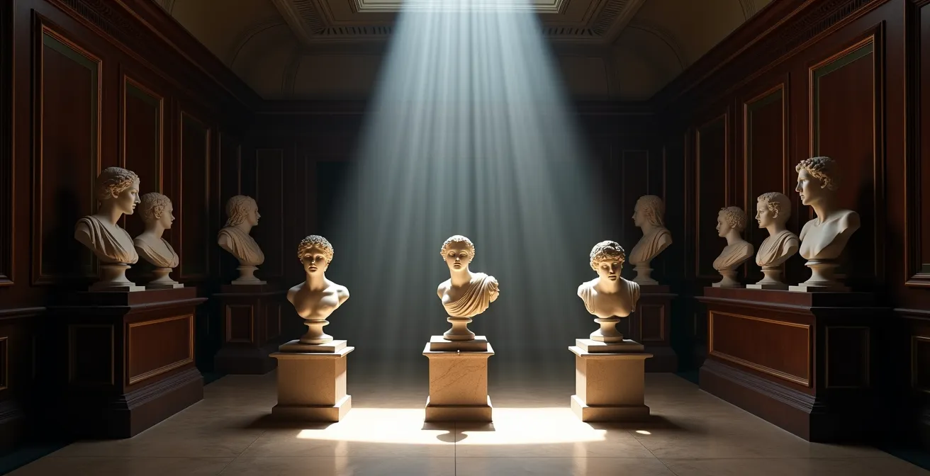 Dramatic natural light filtering through skylights onto classical sculptures in a dense, atmospheric museum interior