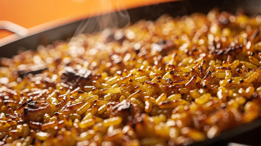 Vue macro du socarrat doré et croustillant au fond d'une paella avec ses grains de riz caramélisés