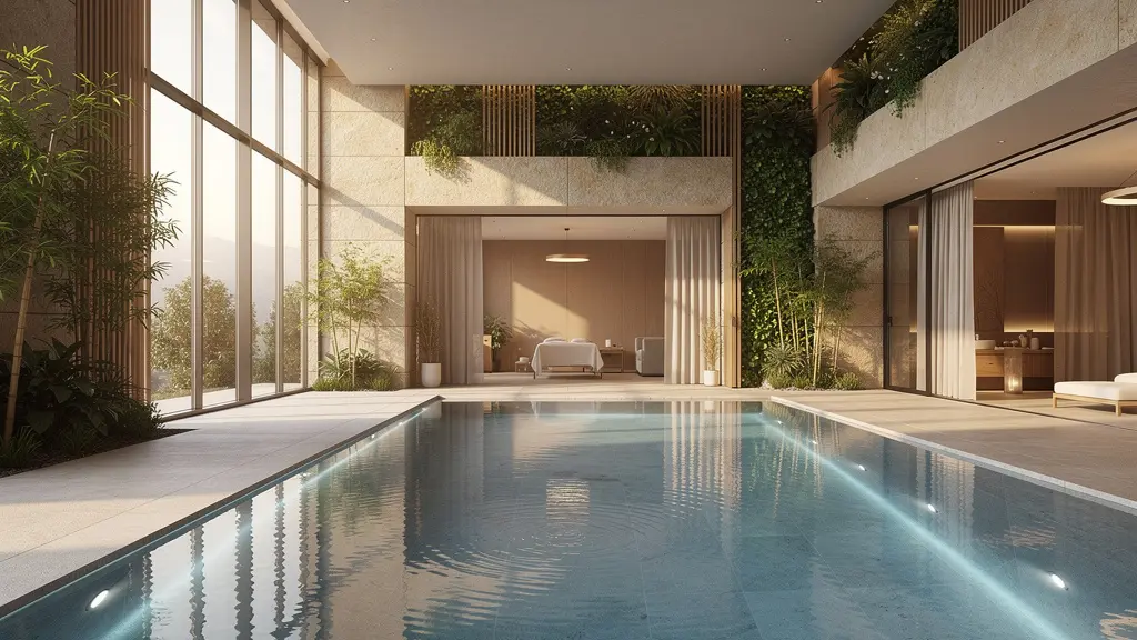 Spa de luxe avec piscine intérieure illuminée, cabines de soins privées et architecture contemporaine