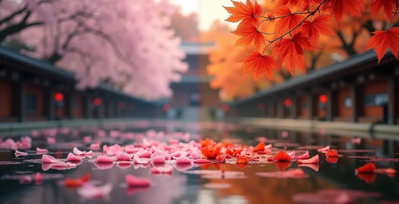 Split composition showing cherry blossoms on left and autumn maple leaves on right in Japan