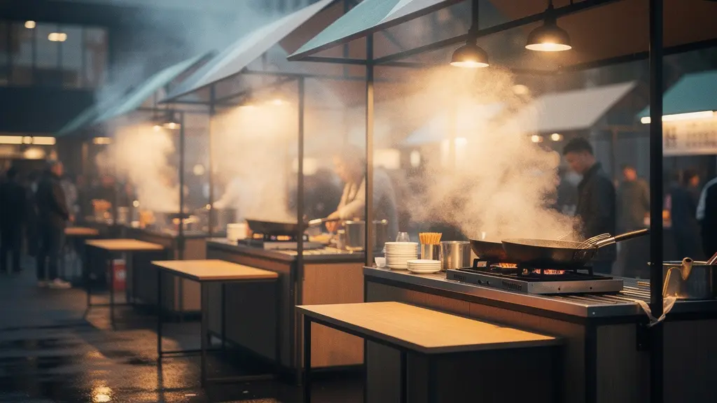 Ambiance animée d'un marché de street food avec vapeur montante et clients alignés