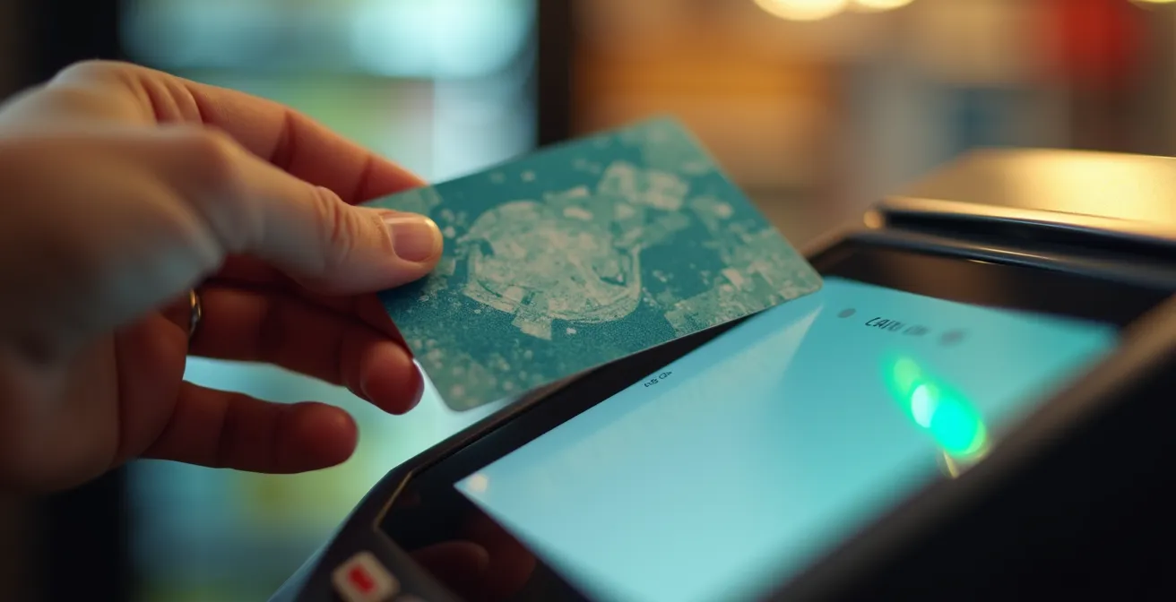 Hand holding IC card near payment terminal in Japanese convenience store