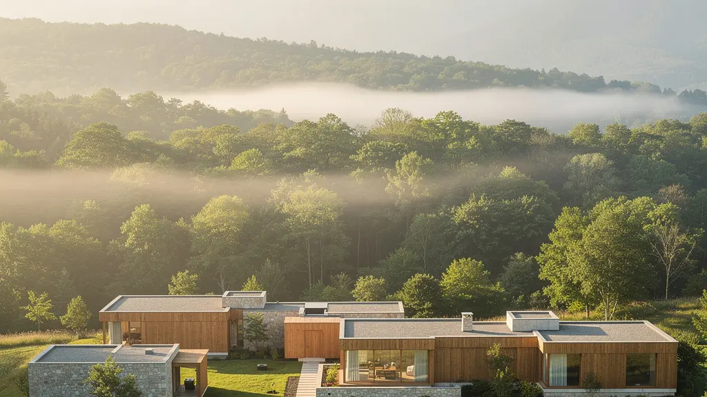 Vue aérienne d'un centre de retraite niché dans une vallée verdoyante avec architecture minimaliste