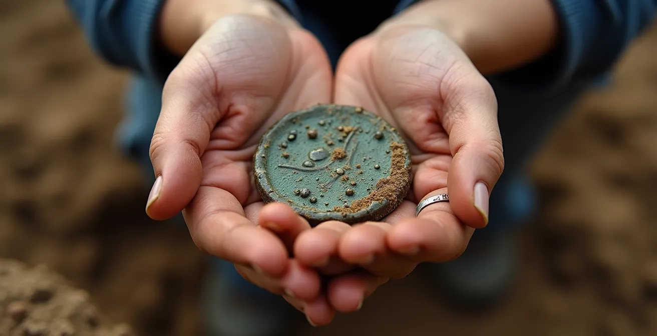 A teenager closely examining Roman artifacts at Hadrian's Wall, comparing them to a movie scene displayed on a tablet.