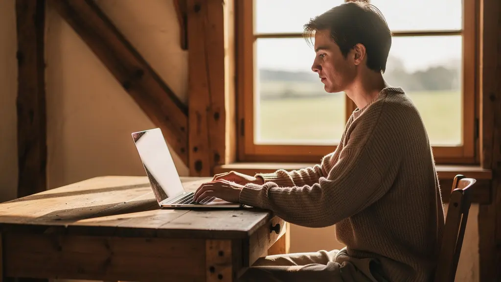 Espace de travail aménagé dans un gîte rural avec vue sur la campagne