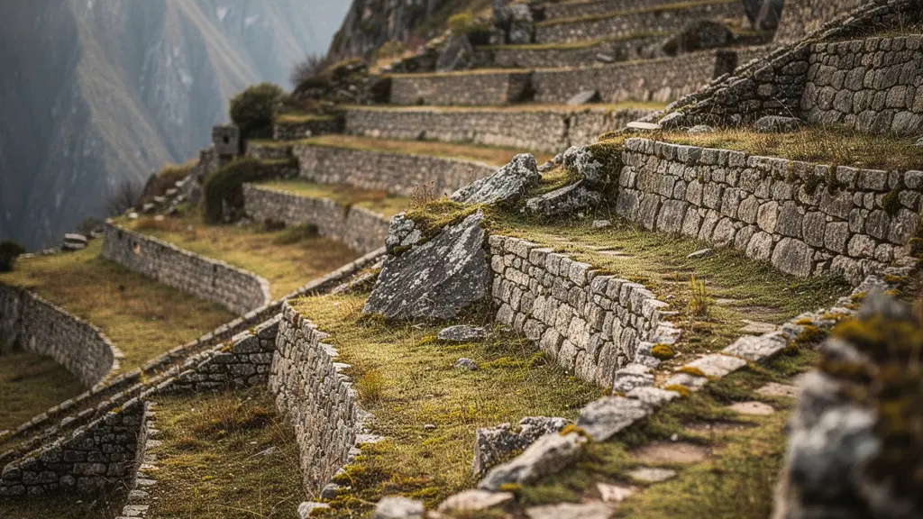 Vue macro sur des terrasses agricoles anciennes sculptées dans la montagne