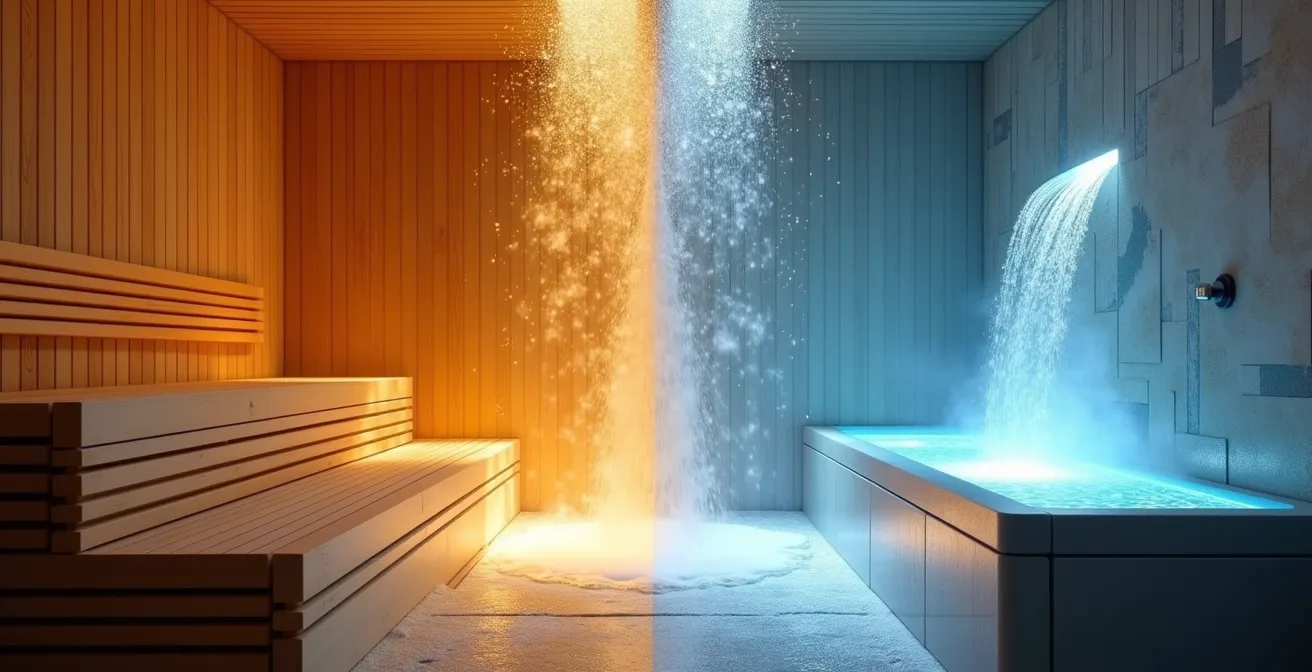 Spa thermal suite with sauna and ice fountain in an elegant UK spa, illustrating hot-cold therapy.