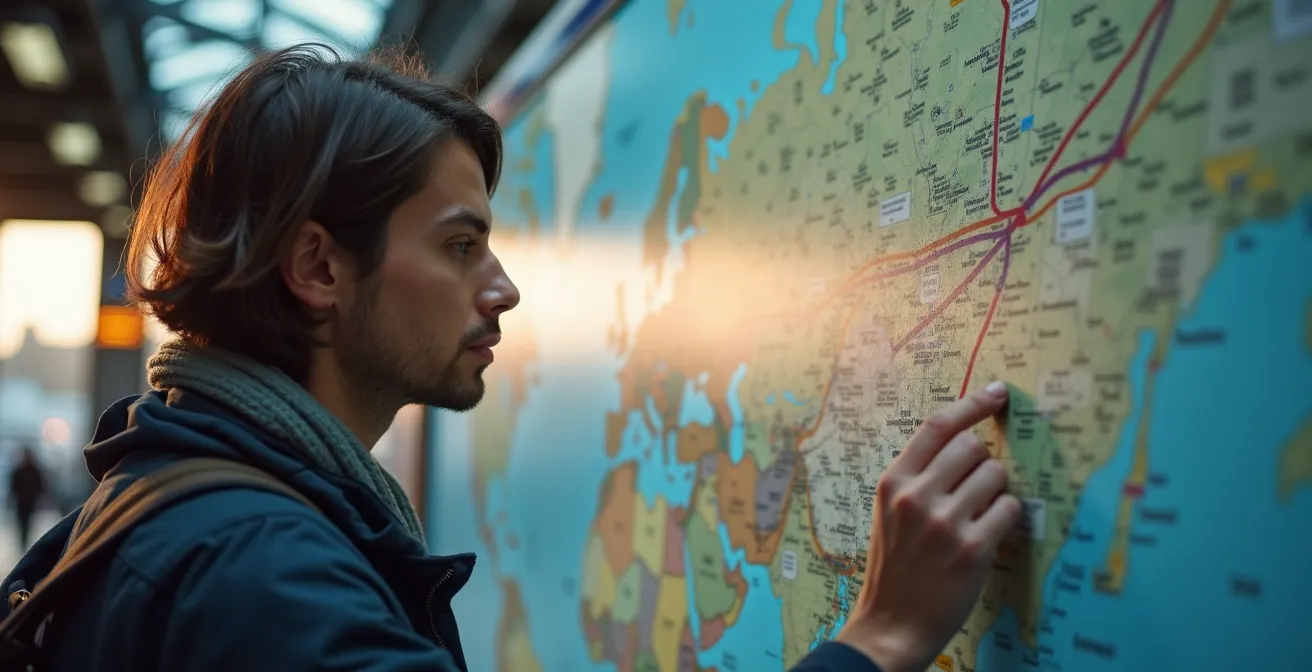 Tourist studying colorful subway map on station wall