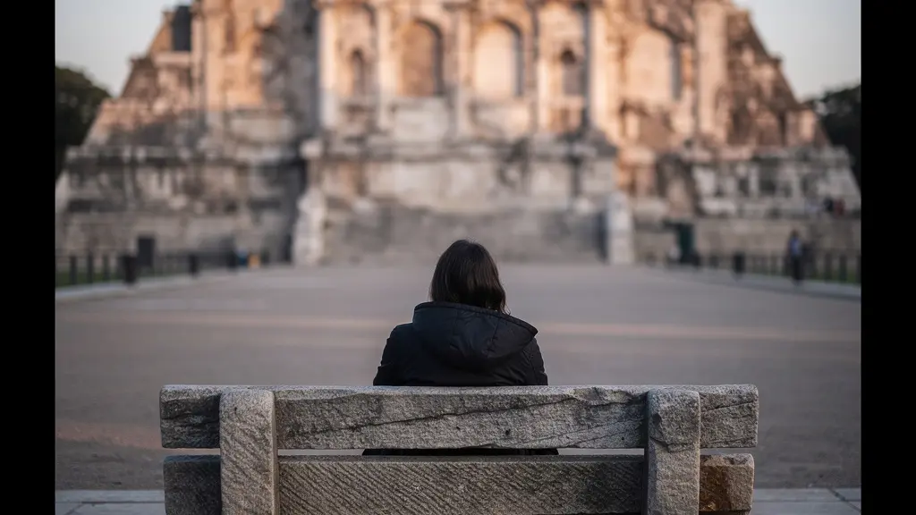 Personne seule assise sur un banc face à un monument historique au petit matin