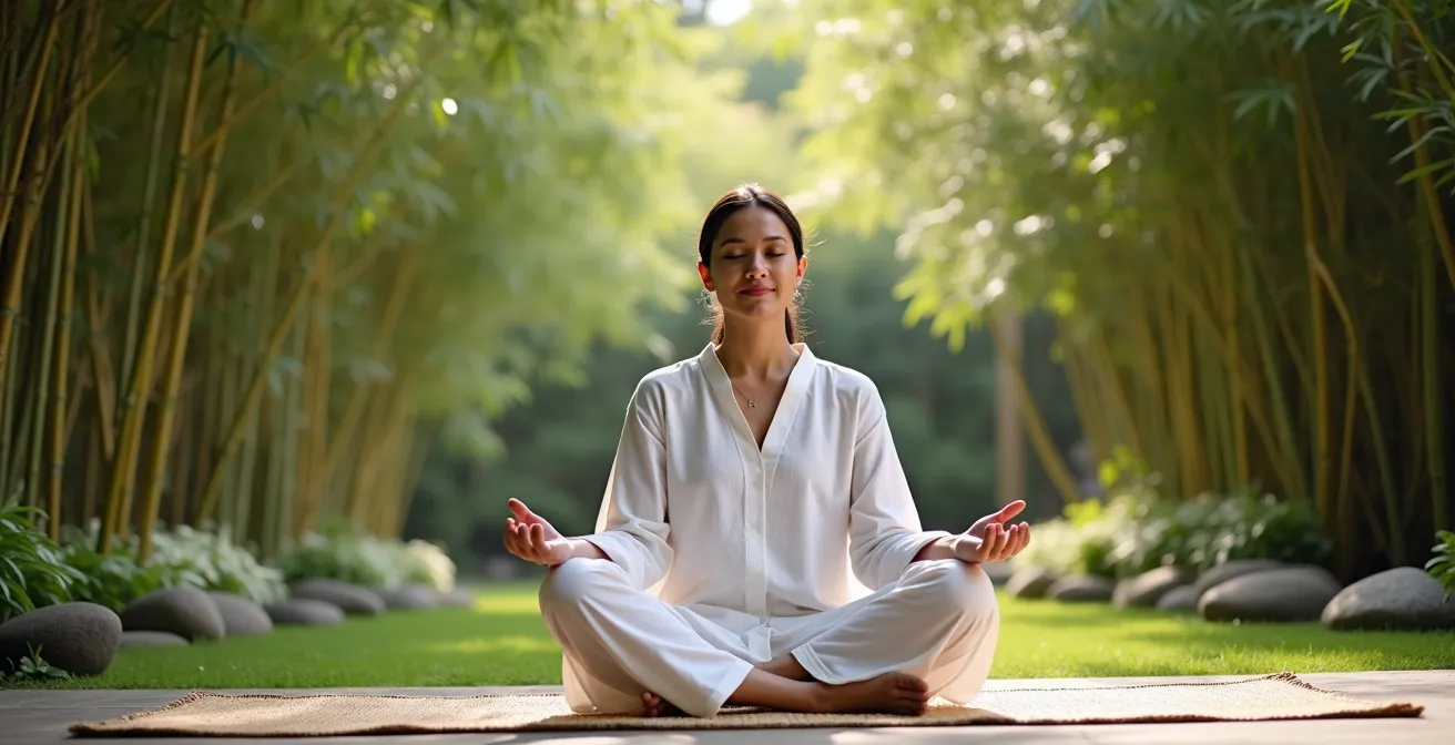 Person in loose white cotton clothing meditating in ashram garden