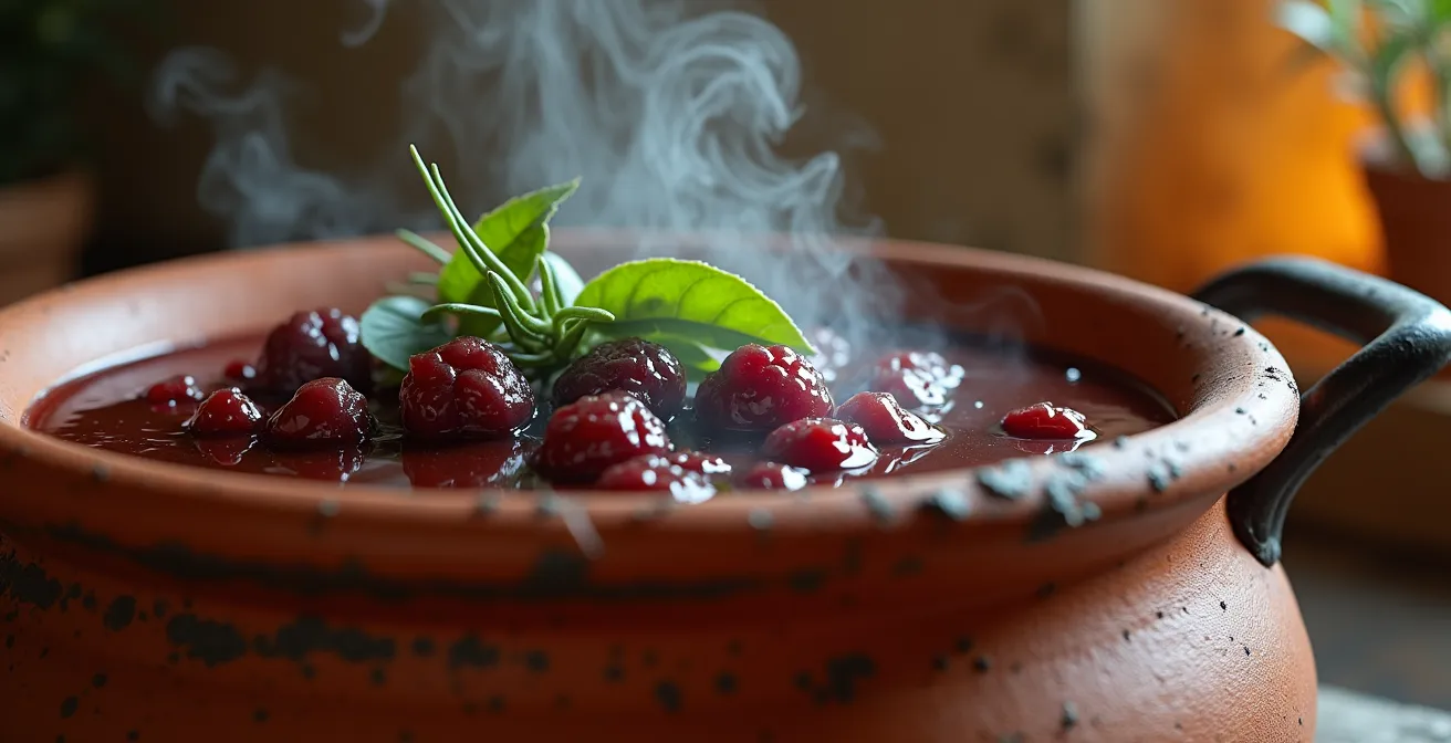 Traditional earthenware pot with aromatic herbs and wine in rustic palazzo kitchen