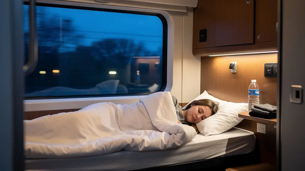 Intérieur d'un compartiment couchette de train de nuit moderne avec literie confortable et éclairage tamisé