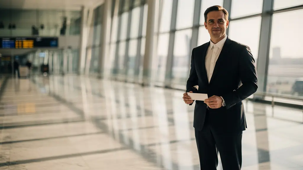 Chauffeur professionnel attendant avec panneau nominatif dans un hall d'aéroport moderne