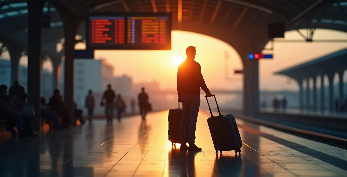 Traveler silhouette against blurred departure information at modern station