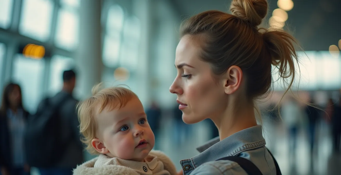 A concerned parent holding a young child, thoughtfully considering safe airport transport options in a foreign country.