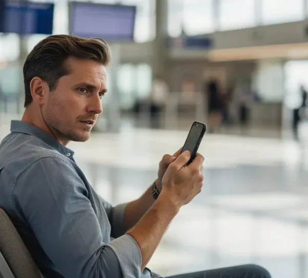 British tourist calmly reviewing travel information on mobile device in airport lounge with departure board visible