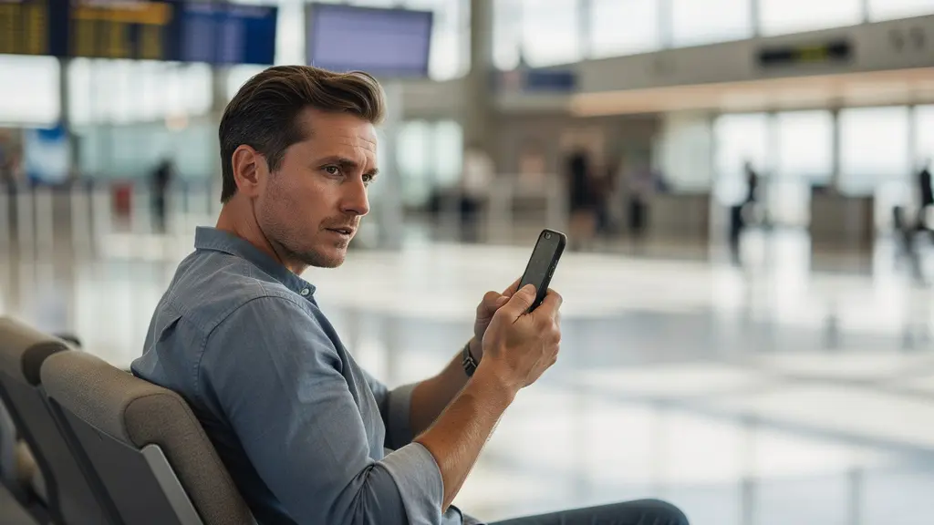 British tourist calmly reviewing travel information on mobile device in airport lounge with departure board visible
