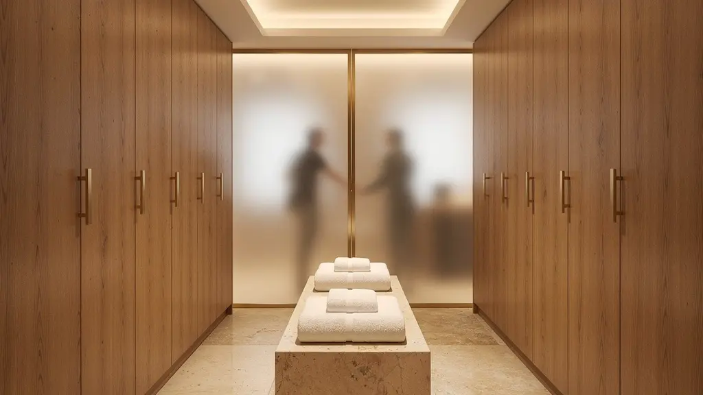 Vestiaire privé de spa avec casiers en bois, éclairage tamisé et banc en marbre