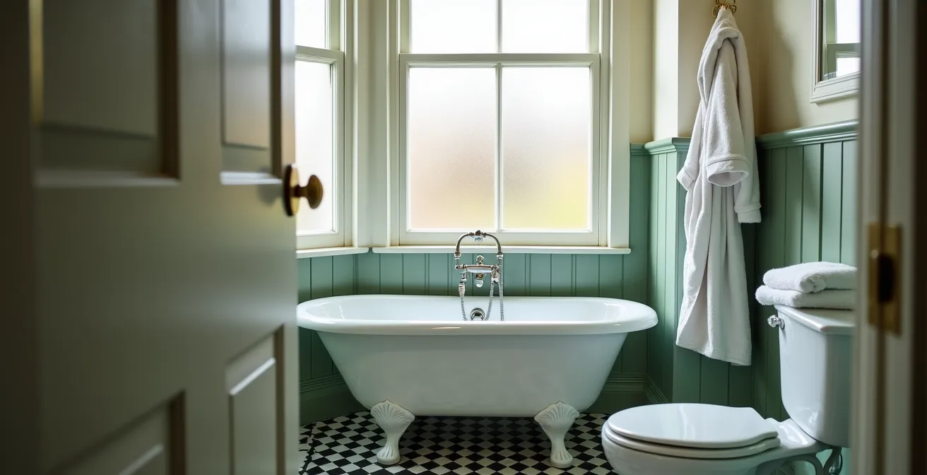 Elegant Victorian-era shared bathroom with morning light streaming through frosted glass window