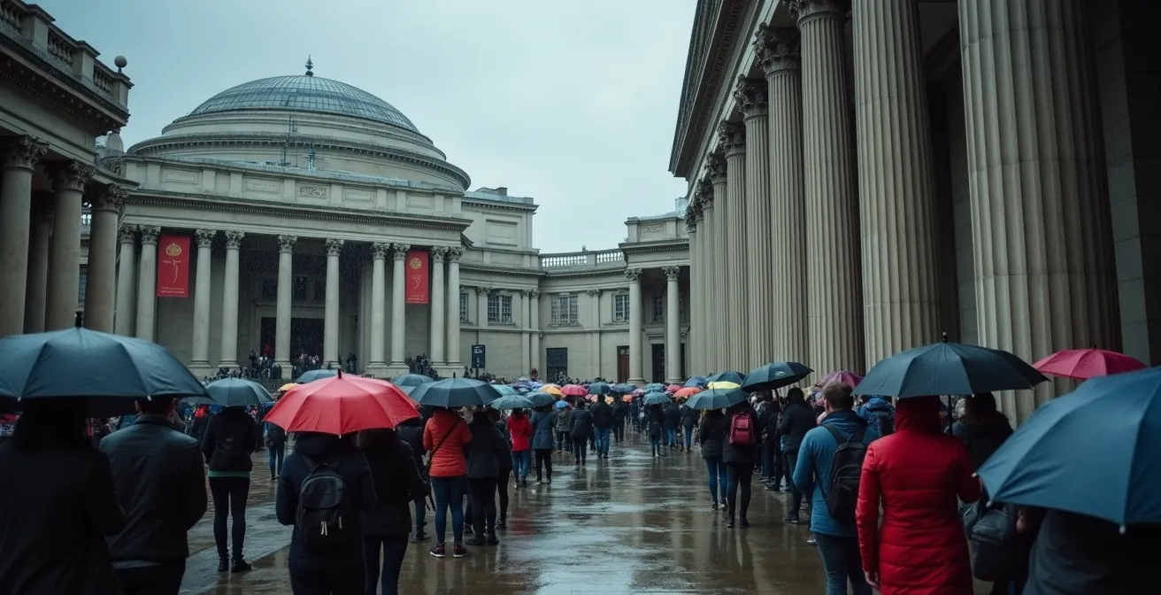 Visitors with umbrellas outside the British Museum entrance on a rainy London day